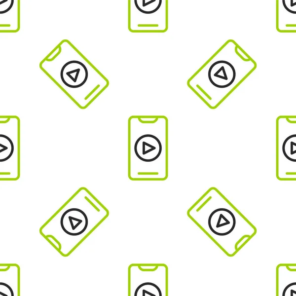 Línea de reproducción en línea icono de vídeo aislado patrón sin costura sobre fondo blanco. Smartphone y tira de película con señal de juego. Vector — Archivo Imágenes Vectoriales