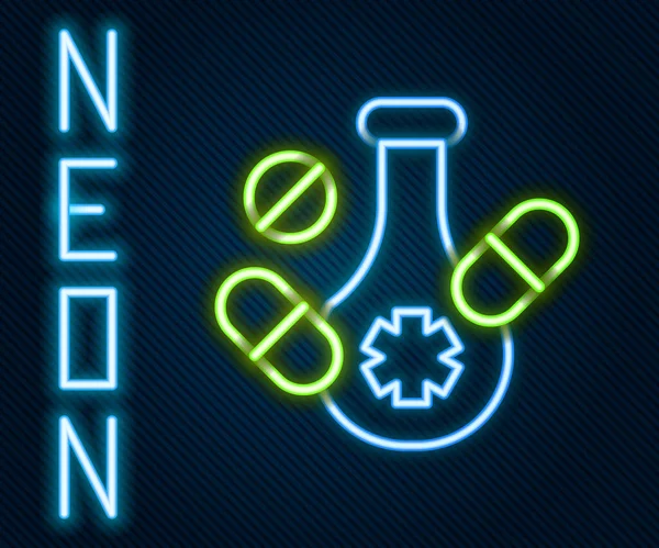 Gloeiende neon lijn Medicijn pil of tablet pictogram geïsoleerd op zwarte achtergrond. Capsule pil en drugsteken. Farmaceutisch ontwerp. Kleurrijk concept. Vector — Stockvector