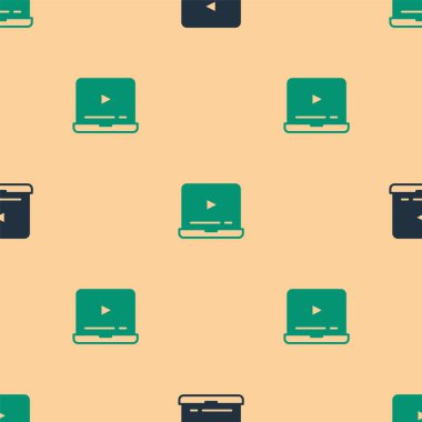 Yeşil ve siyah Online video oynatma simgesi bej arkaplandaki kusursuz deseni izole etti. Dizüstü bilgisayar ve oyun işaretli film şeridi. Vektör