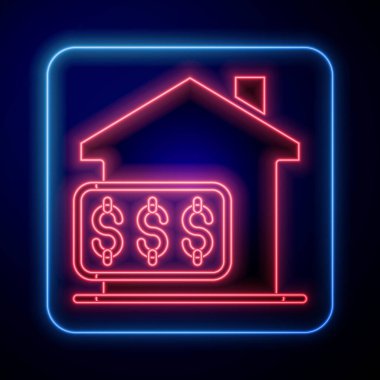 Siyah arka planda dolar sembolü olan parıldayan neon ev. Ev ve para. Emlak konsepti. Vektör