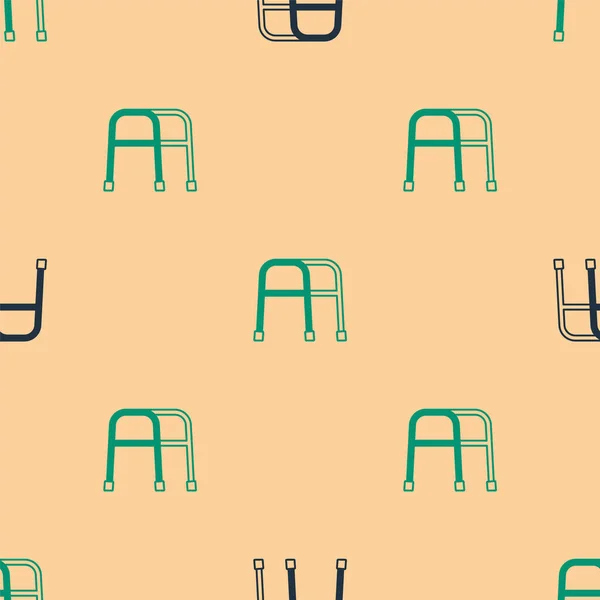Walker vert et noir pour personne handicapée icône isolé motif sans couture sur fond beige. Vecteur — Image vectorielle
