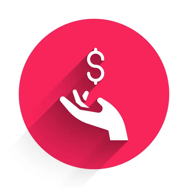 White Hand holding coin money icon isolated with long shadow. Dollar or USD symbol. Cash Banking currency sign. Red circle button. Vector — Stock Vector