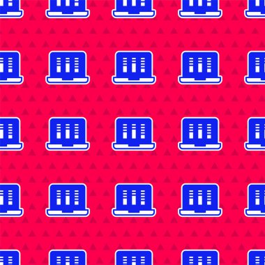 Mavi Ses ya da ses kaydedici ya da dizüstü bilgisayar simgesindeki düzenleyici yazılımı kırmızı arkaplanda izole edilmiş. Vektör