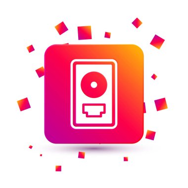 Beyaz arkaplanda izole edilmiş çerçeve simgesinde beyaz CD disk ödülü. Modern tören. En çok satan. Müzik kupası. Kare renk düğmesi. Vektör