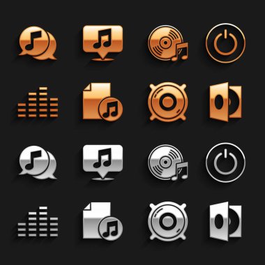 Müzik kitabını nota, Güç düğmesi, Vinil çalar bir vinil disk, Stereo hoparlör, eşitleyici, müzikal konuşma balonu ve simgeyle ayarla. Vektör