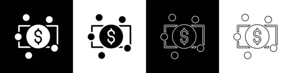 Set Stacks ícone de dinheiro em papel em dinheiro isolado no fundo preto e branco. Dinheiro empilha notas. Moeda de conta. Vetor — Vetor de Stock