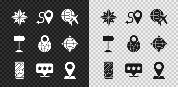 Set Windrose, Routenposition, Globus mit fliegendem Flugzeug, Stadtplan-Navigation, Kartenzeigerstern, Standort, Verkehrszeichen und das Globus-Symbol. Vektor — Stockvektor