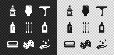 Ağız gargarası şişesi, klozet temizleyicisi, sabun, sünger, el yıkama, temizlik malzemesi şişesi ve pamuk kulak temizleme ikonu. Vektör