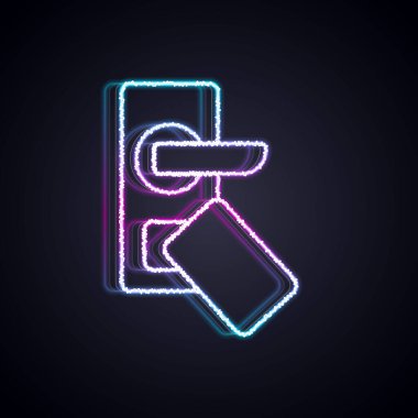 Parlak neon hattı dijital kapı kilidi, kablosuz kablosuz ağ teknolojisiyle siyah arkaplanda izole edilmiş bir anahtar. Kapı kolu tabelası. Güvenlik akıllı ev. Vektör