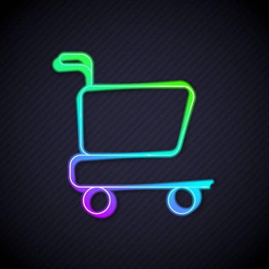 Parlayan neon hattı alışveriş arabası simgesi siyah arka planda izole edildi. İnternetten satın alma konsepti. Servis tabelası. Süpermarket sepeti sembolü. Vektör