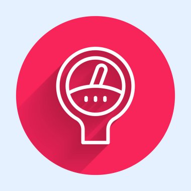 Beyaz çizgi ölçeği simgesi uzun gölge arkaplanı ile izole edildi. Memnuniyet, sıcaklık, manometre, risk, değerlendirme, performans, hız taktik ölçer. Kırmızı daire düğmesi. Vektör