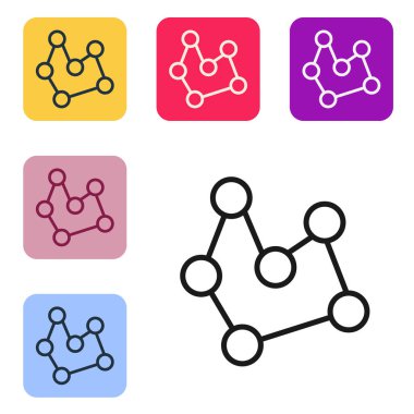 Siyah çizgi kimyasal formül simgesi beyaz arkaplanda izole edildi. Yenilikçi tıp, sağlık, araştırma ve bilim için soyut altıgen. Renkli kare düğmelerle simgeleri ayarla. Vektör