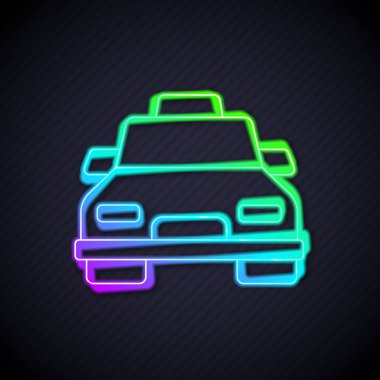 Parlayan neon hat taksi ikonu siyah arka planda izole edildi. Vektör
