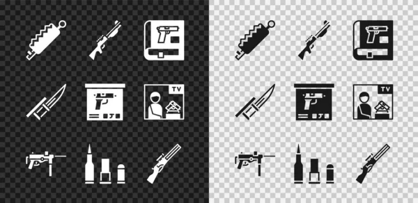 Набор ловушки, охотничий пистолет, Книга с пистолетом или, Пистолет М3, Пуля, Штык на винтовку и военная коробка боеприпасов значок. Вектор — стоковый вектор