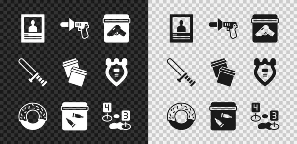 Set Wanted poster, Police megaphone, Evidence bag with gun, Donut, bullet, Marker of crime scene, rubber baton and Plastic ziplock icon. Vector — Stock Vector