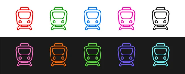 Establecer línea Icono de tren aislado sobre fondo blanco y negro. Símbolo de transporte público. Transporte en tren subterráneo. Metro subterráneo. Vector — Vector de stock