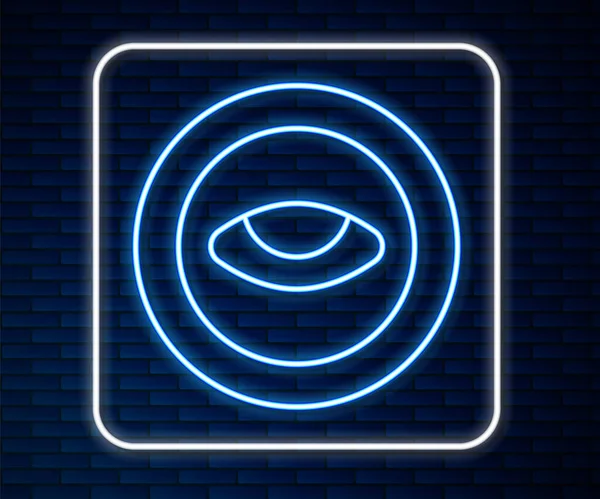 Linea neon luminosa Medaglione con icona occhio isolato su sfondo muro di mattoni. Amuleto magico con occhio. Vettore — Vettoriale Stock