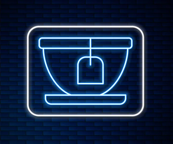 Glow néon ligne Coupe avec icône sac de thé isolé sur fond de mur de briques. Vecteur — Image vectorielle