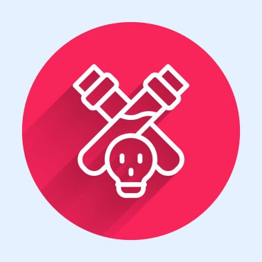 İksir ikonu içeren beyaz çizgi şişesi uzun gölge arkaplanlı. Sihirli iksirli matara. Mutlu Cadılar Bayramı Partisi. Kırmızı daire düğmesi. Vektör