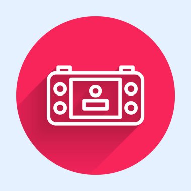 Beyaz çizgi taşınabilir video oyun konsolu simgesi uzun gölge arkaplanı ile izole edildi. El bilgisayarı oyun konsolu. Kırmızı daire düğmesi. Vektör
