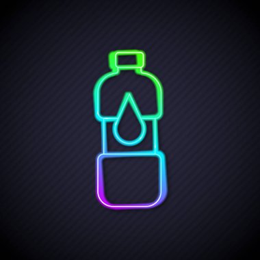 Parlayan neon hattı. Siyah arka planda izole edilmiş bir su ikonu şişesi. Soda su içme tabelası. Vektör