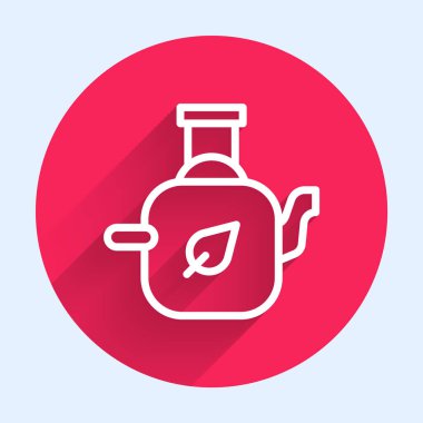 Yaprak simgesi olan beyaz çizgi çaydanlığı uzun gölge arkaplanı ile izole edilmiş. Kırmızı daire düğmesi. Vektör