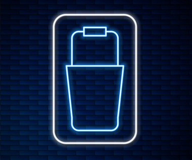 Parlayan neon hattı sauna kova ikonu tuğla duvar arkasında izole edilmiş. Vektör