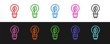 Siyah ve beyaz arkaplanda yaprak simgesi olan çizgi ampulünü ayarla. Çevre enerjisi kavramı. Alternatif enerji kavramı. Vektör