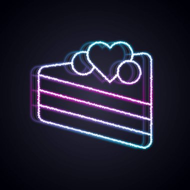 Siyah arka planda kalp ikonu olan parlak neon çizgili düğün pastası. Sevgililer günün kutlu olsun. Vektör