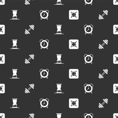 Hedefi, Dumbbell 'i, kum ve alarmlı eski kum saatini kusursuz şekilde ayarla. Vektör