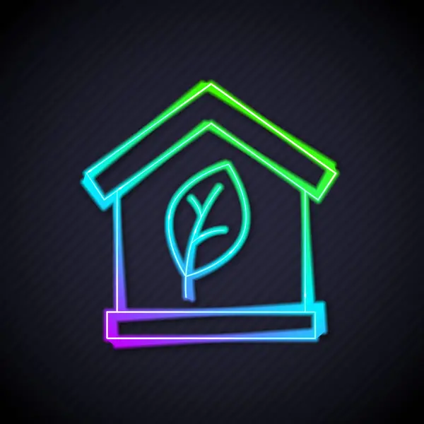 Linha de néon brilhante Eco amigável casa ícone isolado no fundo preto. Casa Eco com folha. Vetor —  Vetores de Stock