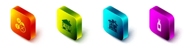 Set Isometric Kein Geld, Unterkunft für Obdachlose, Obdachlose Papphaus und Flasche Wasser Symbol. Vektor — Stockvektor