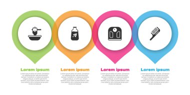 Honey Dipper çubuğunu kase, temel yağ şişesi, banyo terazisi ve saç fırçasıyla ayarla. Ticari bilgi şablonu. Vektör