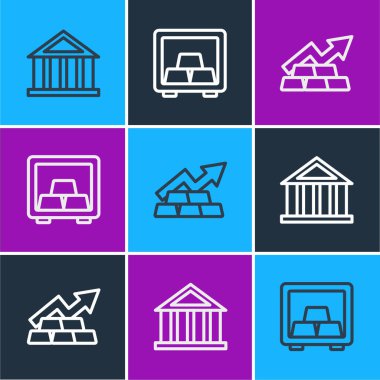 Banka binası, altın külçeli büyüme oku ve güvenli simge. Vektör