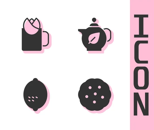 Set Cookie ou biscoito, xícara de chá com rosa, limão e folha de bule ícone. Vetor — Vetor de Stock