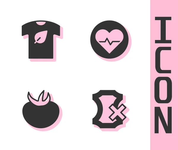 Set No couro, Camisa Vegan, Tomate e ícone de frequência cardíaca. Vetor — Vetor de Stock
