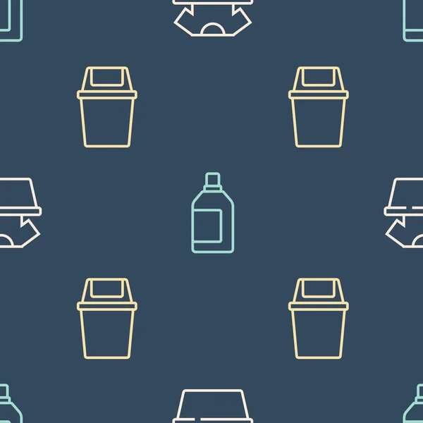 Ställ linje bassäng med skjorta, papperskorgen och flaska för rengöringsmedel på sömlöst mönster. Vektor — Stock vektor