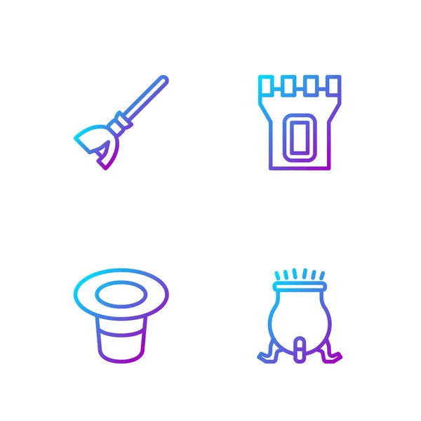 Set line Caldero de brujas, sombrero mágico, escoba de brujas y torre del castillo. Iconos de color degradado. Vector — Vector de stock