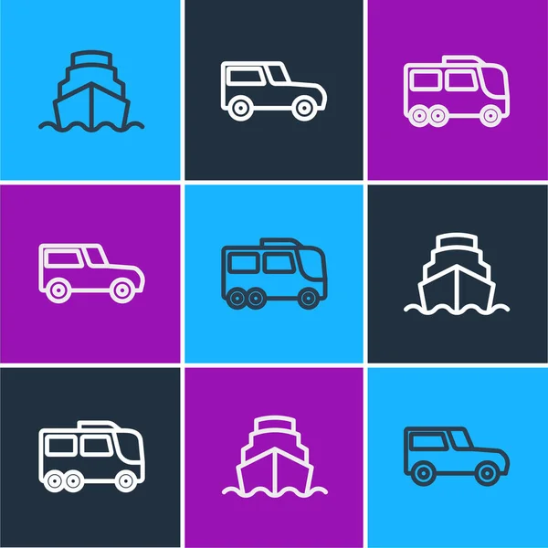Définir la ligne Bateau de croisière, Bus et voiture icône. Vecteur — Image vectorielle