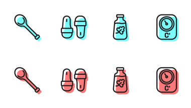 Temel yağ şişesi, sauna kepçesi, terlik ve termometre simgesi. Vektör
