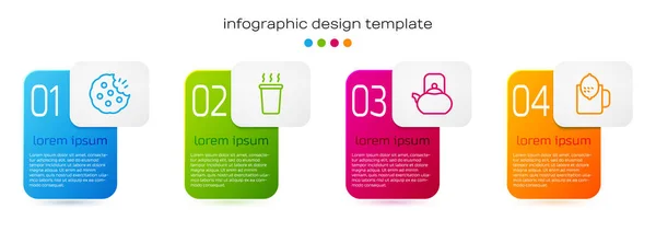 Set line Cookie ou biscuit, tasse de thé, bouilloire avec poignée et citron. Modèle d'infographie d'entreprise. Vecteur — Image vectorielle