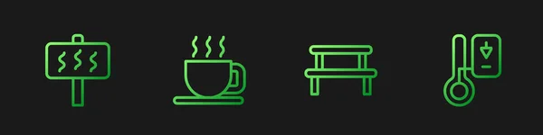 Nastavte lajnu na lavičku ze saunového dřeva, šálek čaje a teploměr. Barevné ikony přechodu. Vektor — Stockový vektor