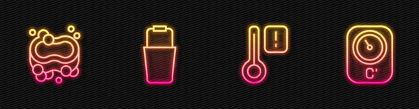 Set line Sauna thermometer, Bar of soap, bucket and . Glowing neon icon. Vector — Stock Vector