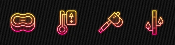 Set lijn Houten bijl, stuk zeep, Sauna thermometer en bamboe. Een gloeiend neon icoon. Vector — Stockvector