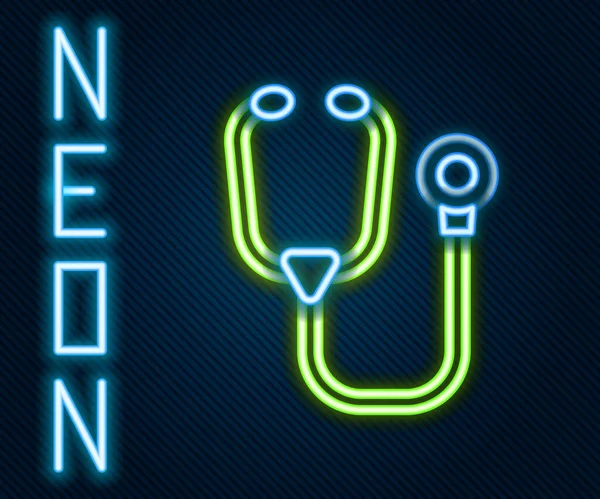 Gloeiende neon lijn Stethoscoop medisch instrument icoon geïsoleerd op zwarte achtergrond. Kleurrijk concept. Vector — Stockvector