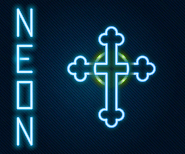 Linea neon luminosa icona della croce cristiana isolata su sfondo nero. Croce della Chiesa. Concetto di contorno colorato. Vettore — Vettoriale Stock