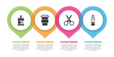 Yapıştırıcı, kahve fincanı, makas ve dolmakalem ucu. Ticari bilgi şablonu. Vektör