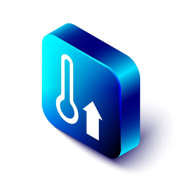 Icono de medición del termómetro de meteorología isométrica aislado sobre fondo blanco. Equipo de termómetro que muestra clima caliente o frío. Botón cuadrado azul. Vector — Vector de stock