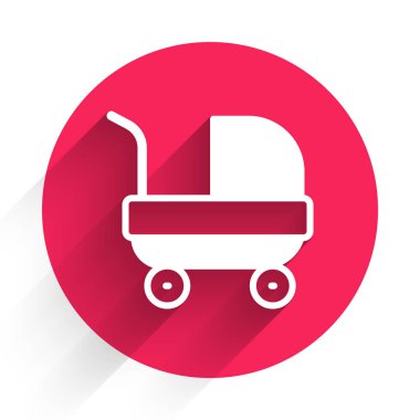 Beyaz Bebek Bebek puseti simgesi uzun gölge arkaplanı ile izole edildi. Bebek arabası, at arabası, bebek arabası, bebek arabası, tekerlek. Kırmızı daire düğmesi. Vektör