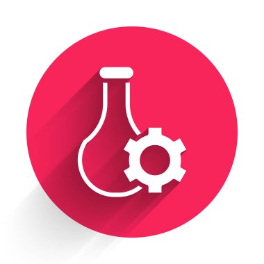 Beyaz test tüpü ve uzun gölge arkaplan izole edilmiş kimyasal test ikonu. Laboratuvar cam levhası. Kırmızı daire düğmesi. Vektör